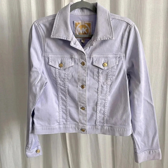 MICHAEL KORS NWOT Women’s Denim Jean Jacket Stretch Gold Button Lavender, Size L - Picture 1 of 9